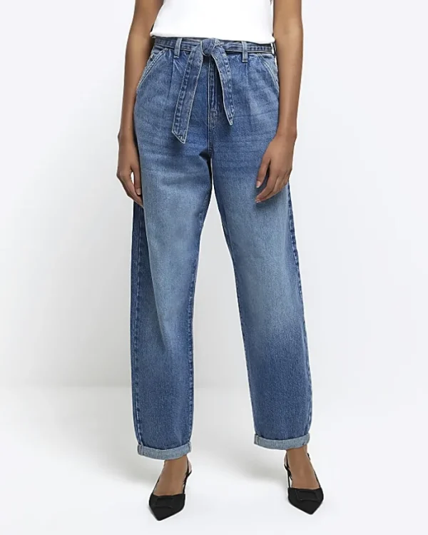 Blue High Waisted Belted Barrell Jeans