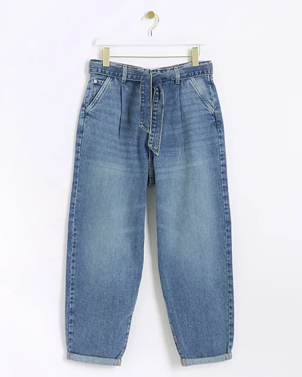 Blue High Waisted Belted Barrell Jeans