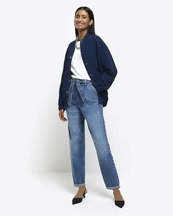 Blue High Waisted Belted Barrell Jeans