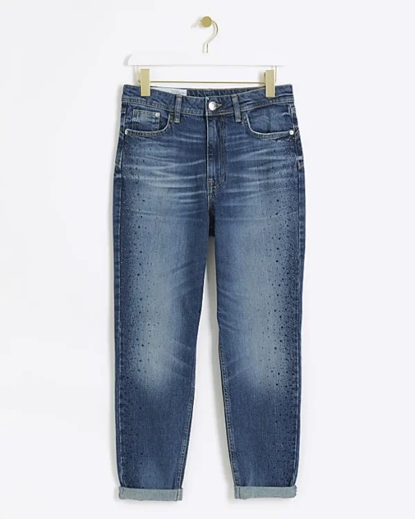 Blue high waisted embellished mom jeans