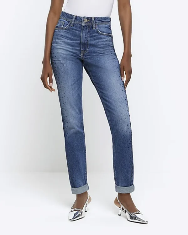 Blue high waisted embellished mom jeans