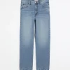 Blue high waisted relaxed straight leg jeans