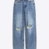 Blue high waisted relaxed straight rip jeans