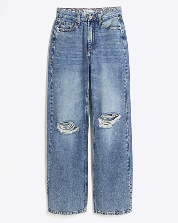 Blue high waisted relaxed straight rip jeans