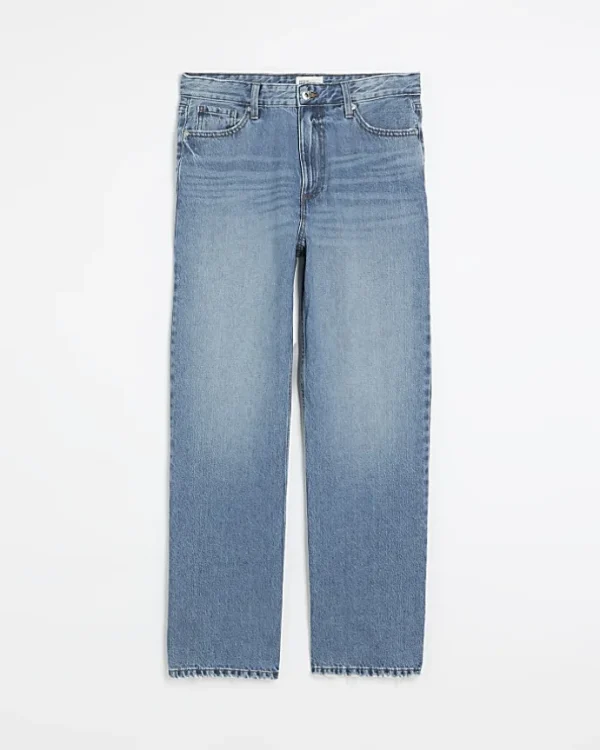 Blue high waisted relaxed straight leg jeans