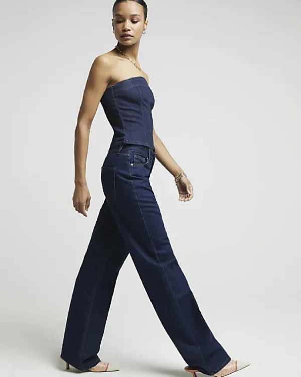 Blue high waisted relaxed straight leg jeans