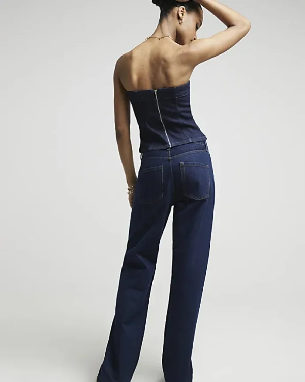 Blue high waisted relaxed straight leg jeans