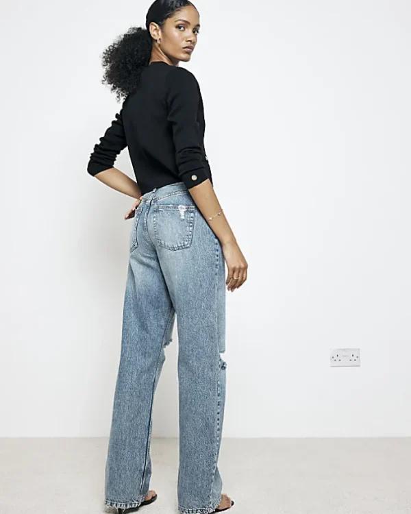 Blue high waisted relaxed straight rip jeans