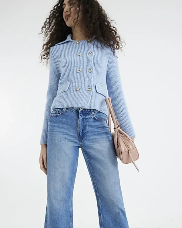 Blue high waisted relaxed straight leg jeans