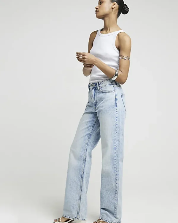 Blue high waisted relaxed straight leg jeans