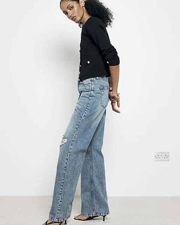 Blue high waisted relaxed straight rip jeans