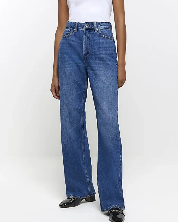 Blue high waisted relaxed straight leg jeans