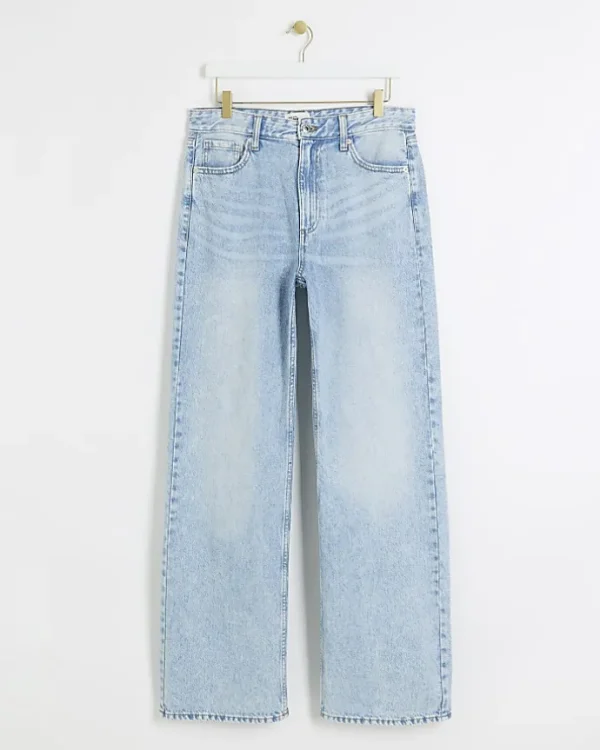 Blue high waisted relaxed straight leg jeans