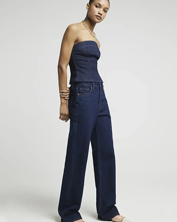 Blue high waisted relaxed straight leg jeans