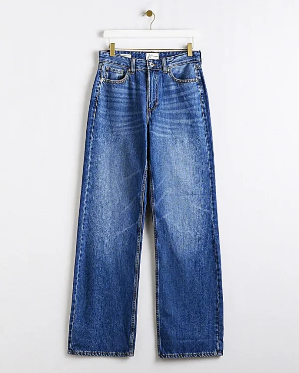 Blue high waisted relaxed straight leg jeans