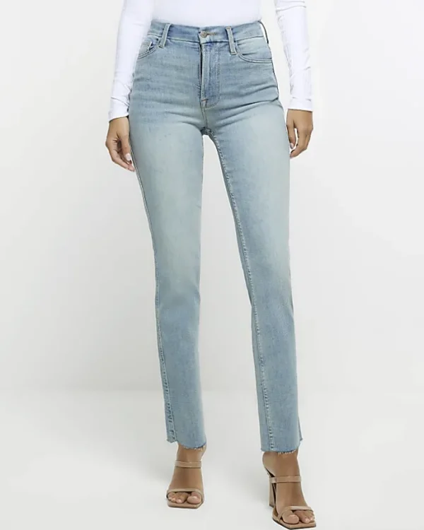 Blue high waisted slim straight leg jeans