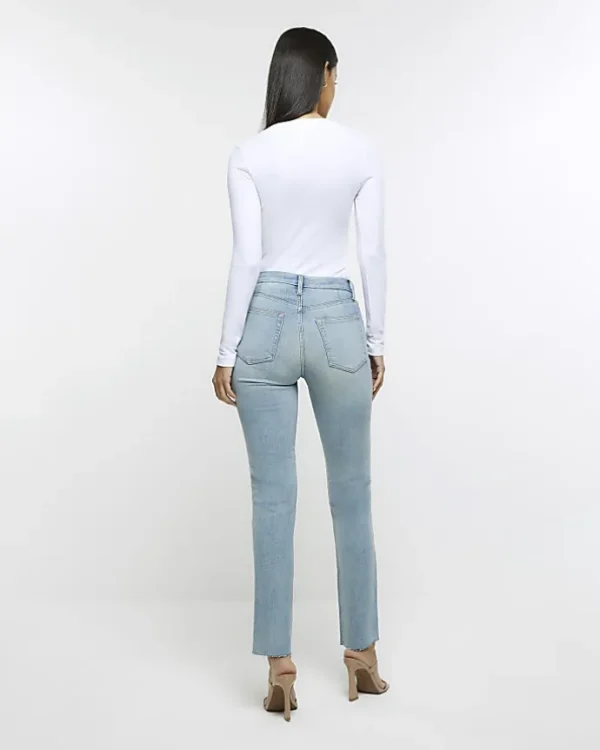 Blue high waisted slim straight leg jeans