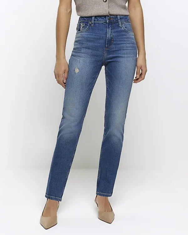 Blue High Waisted Slim Straight Jeans