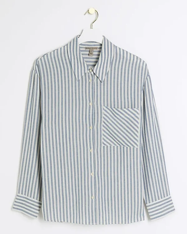 Blue linen blend stripe shirt