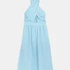 Blue linen halter neck midi dress