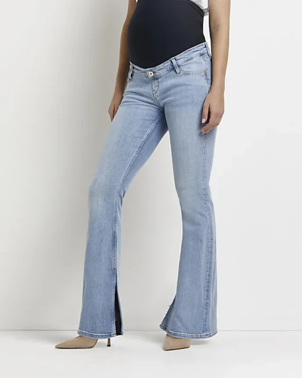 Blue maternity split hem flared jeans