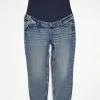 Blue mid rise maternity mom jeans