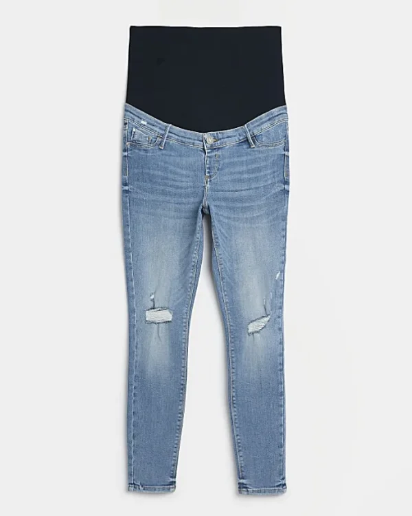 Blue mid rise maternity ripped skinny jeans