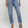 Blue mid rise relaxed straight jeans