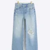 Blue mid rise ripped wide leg jeans