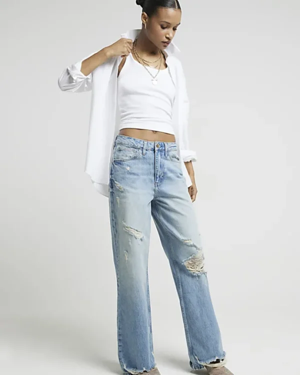 Blue mid rise ripped wide leg jeans