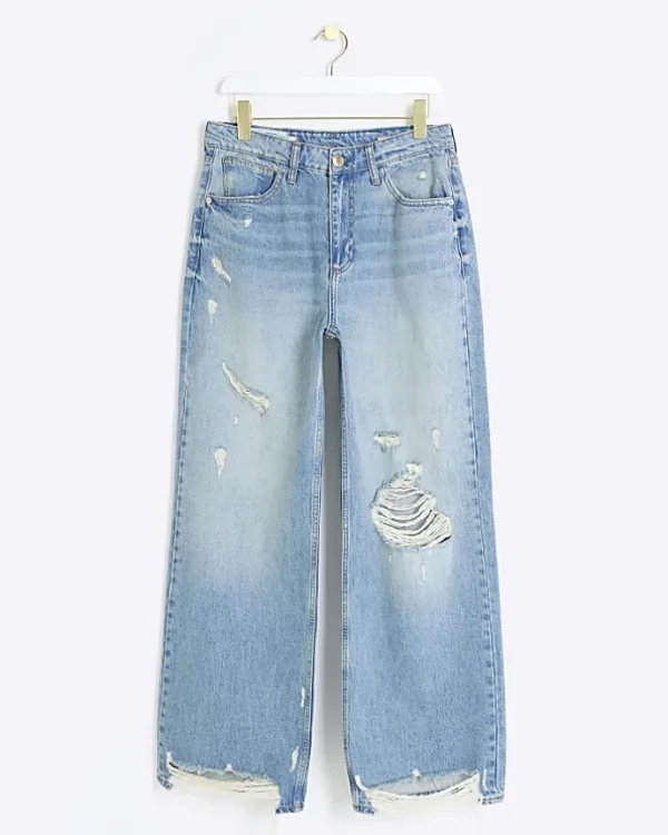 Blue mid rise ripped wide leg jeans