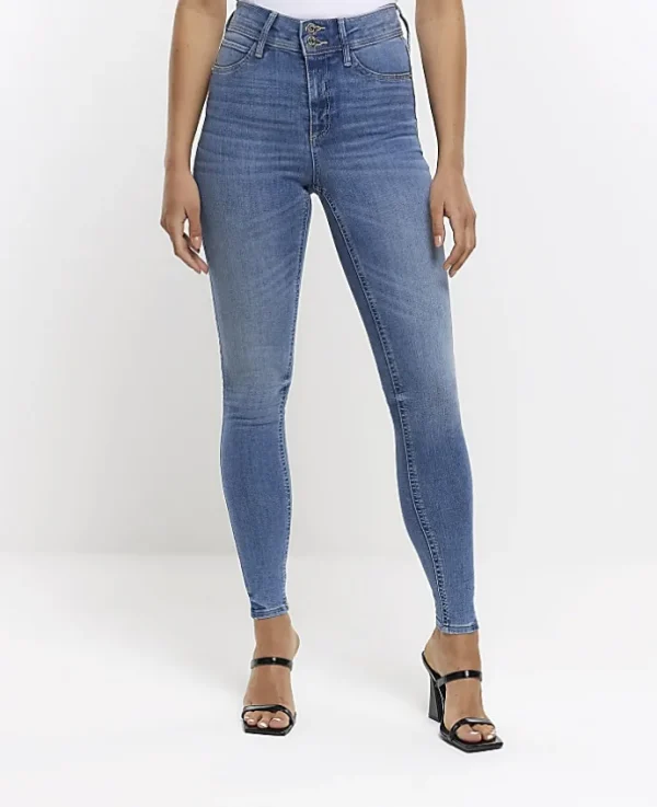 Blue mid rise super skinny fit jeans