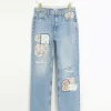 Blue patch stove pipe straight jeans