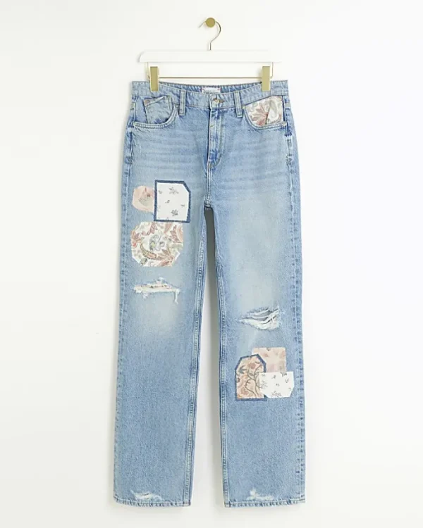 Blue patch stove pipe straight jeans