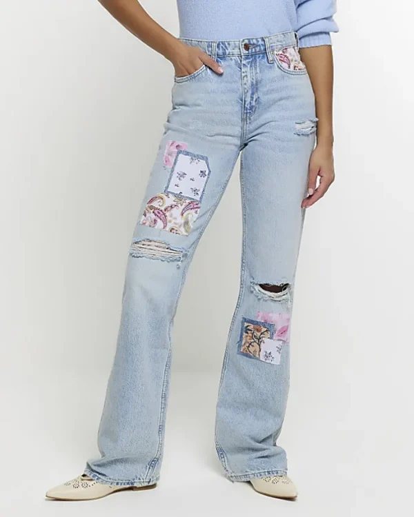 Blue patch stove pipe straight jeans