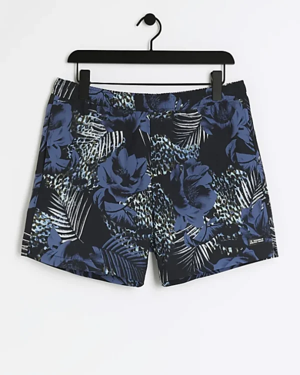 Blue regular fit botanical print shorts