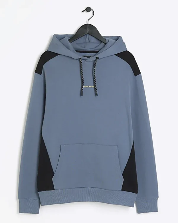 Blue regular fit colour block hoodie