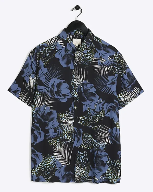 Blue regular fit floral short sleeve shirt