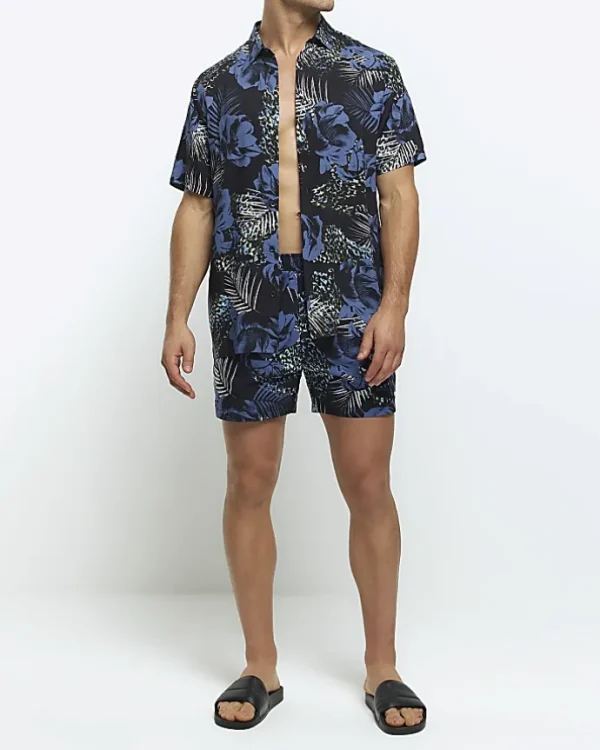 Blue regular fit floral short sleeve shirt