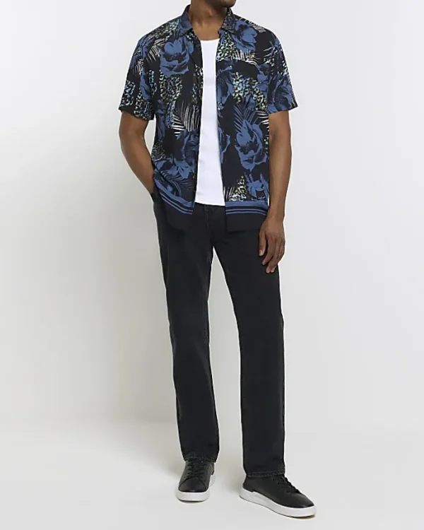 Blue regular fit floral short sleeve shirt