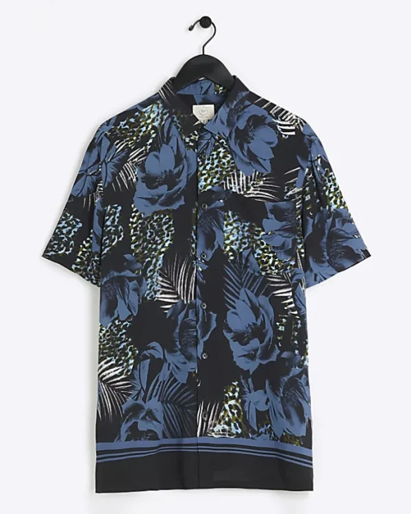 Blue regular fit floral short sleeve shirt