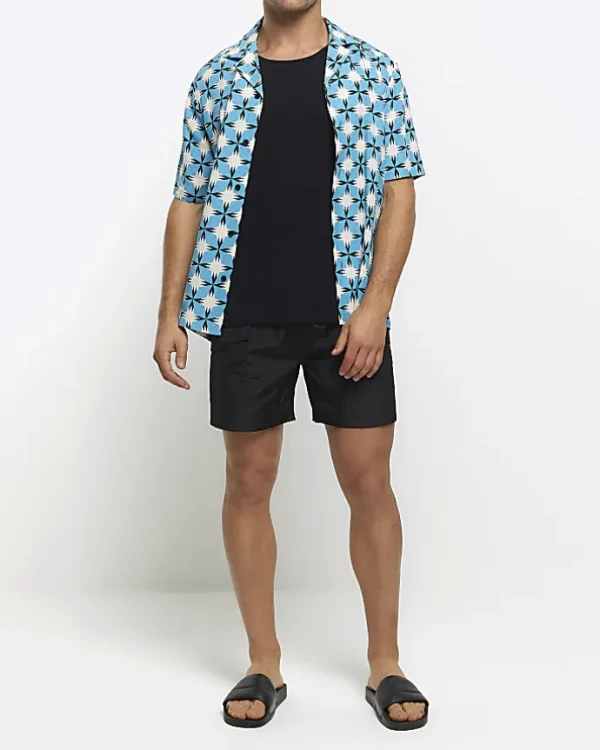 Blue regular fit geometric print revere shirt