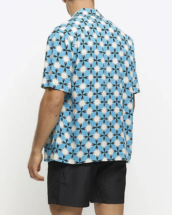 Blue regular fit geometric print revere shirt