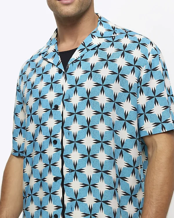 Blue regular fit geometric print revere shirt