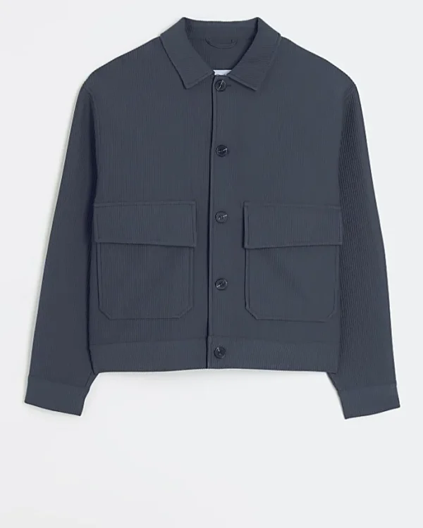 Blue regular fit plisse Harrington jacket