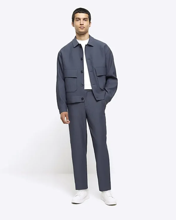 Blue regular fit plisse Harrington jacket