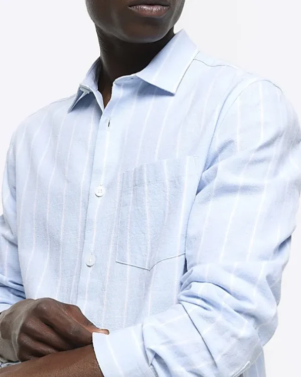 Blue regular fit striped linen blend shirt