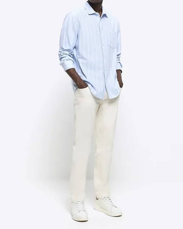 Blue regular fit striped linen blend shirt