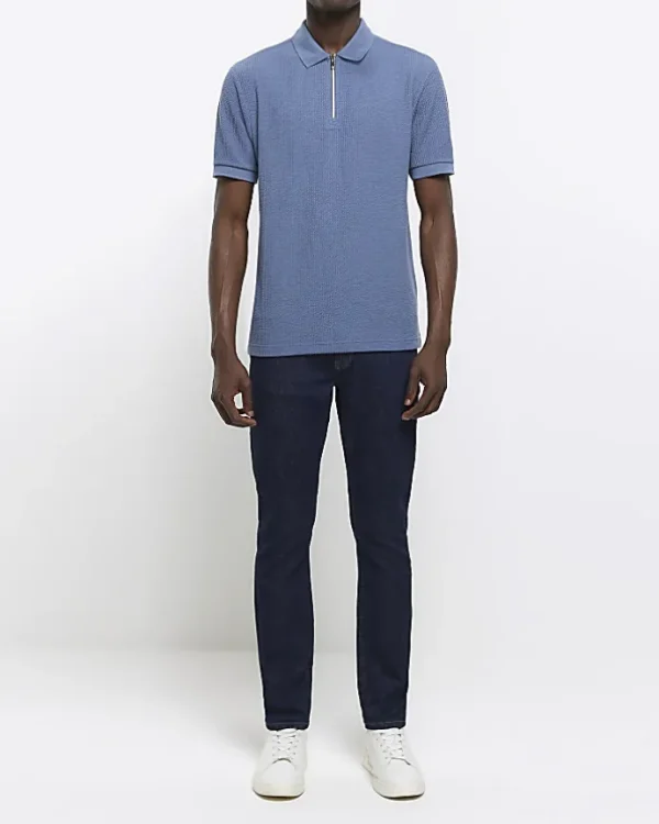 Blue Regular Fit Textured Zip Neck Polo