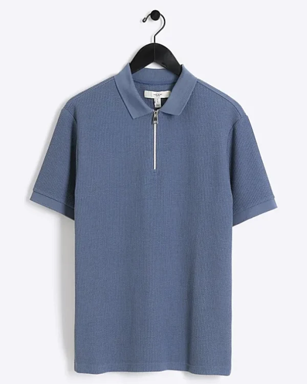 Blue Regular Fit Textured Zip Neck Polo